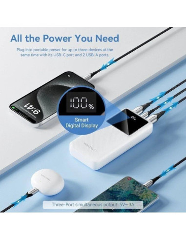 POWERBANK VENTION 20000MAH 2XUSB-A + USB-C LED DISPLAY 22.5W WHITE