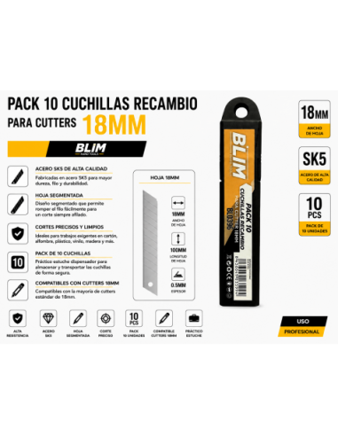 PACK 10 CUCHILLAS RECAMBIO PARA CUTTERS 18 MM BLIM