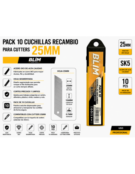 PACK 10 CUCHILLAS RECAMBIO PARA CUTTERS 25 MM BLIM