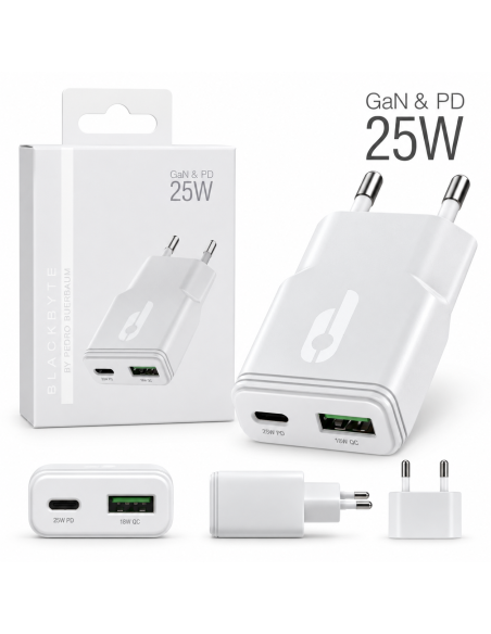 CARGADOR EXTRA PLANO DUAL TIPO C PD 25W + USB-A 18W BLANCO BLACKBYTE