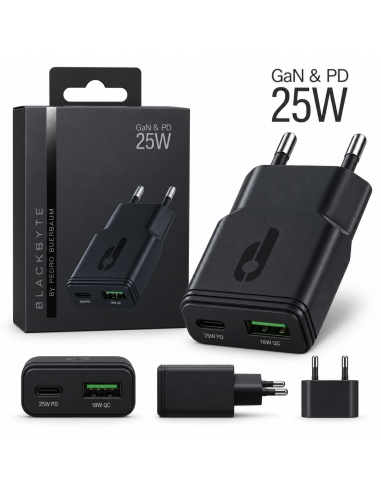 CARGADOR EXTRA PLANO DUAL TIPO C PD 25W + USB-A 18W NEGRO BLACKBYTE