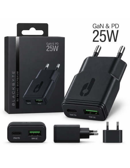 CARGADOR EXTRA PLANO DUAL TIPO C PD 25W + USB-A 18W NEGRO BLACKBYTE
