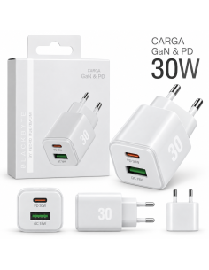 CARGADOR TIPO C PD 30W + USB-A 18W BLANCO BLACKBYTE