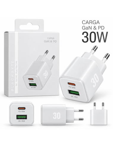 CARGADOR TIPO C PD 30W + USB-A 18W BLANCO BLACKBYTE
