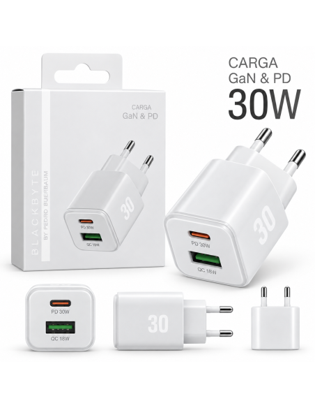 CARGADOR TIPO C PD 30W + USB-A 18W BLANCO BLACKBYTE