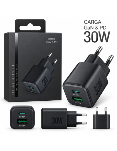 CARGADOR TIPO C PD 30W + USB-A 18W NEGRO BLACKBYTE