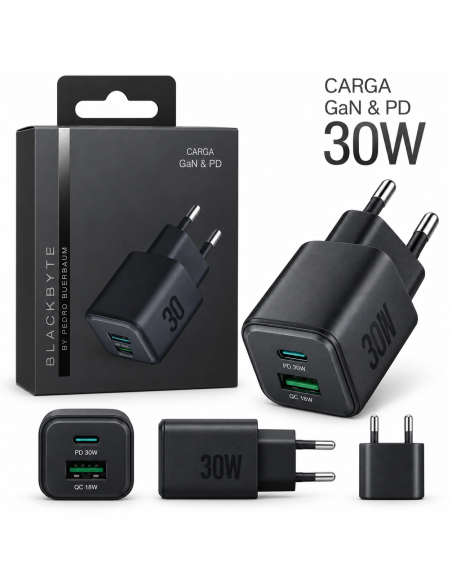 CARGADOR TIPO C PD 30W + USB-A 18W NEGRO BLACKBYTE