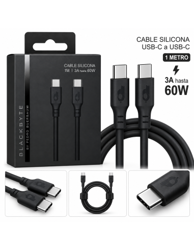 CABLE DE CARGA Y DATOS USB-C A USB-C 1M 3A 60W NEGRO BLACKBYTE