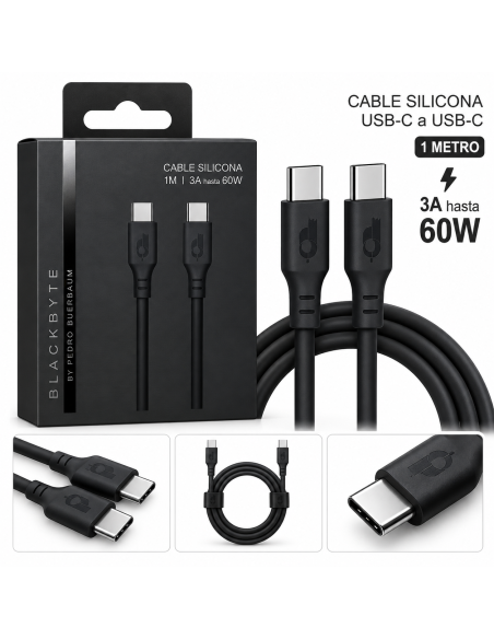 CABLE DE CARGA Y DATOS USB-C A USB-C 1M 3A 60W NEGRO BLACKBYTE