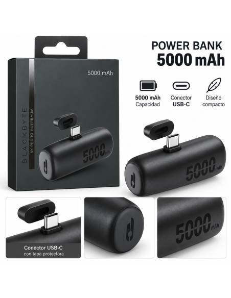 POWERBANK BATERÍA EXTERNA PORTÁTIL USB-C 5.000MAH CON SOPORTE NEGRO BLACKBYTE