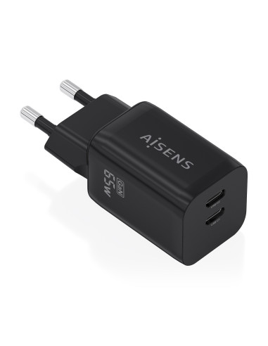 AISENS Cargador GaN 65W, 2xUSB-C PD3.0 QC4.0, Negro