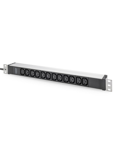 Digitus Regleta de enchufes con perfil de aluminio, 12 enchufes, cable de alimentación de 2 m para enchufes con contacto de pues