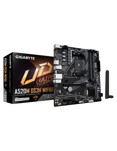 GIGABYTE A520M DS3H WIFI6E Placa Base – Compatible con CPUs AMD Ryzen 5000 Series AM4, hasta 4733 MHz DDR4 (OC), 1x PCIe 3.0 M.2