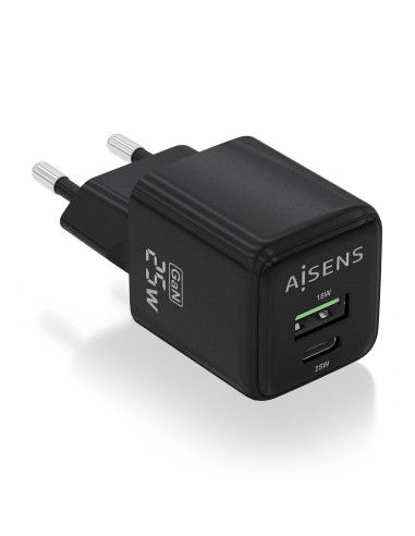 AISENS Cargador GaN 25W, 1xUSB-C PD3.0 QC4.0, 1xUSB-A QC3.0, Negro