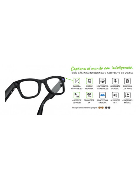 SMART GLASSES GAFAS INTELIGENTES CON IA GB-7709 CON CAMARA 12MPX NEGRO