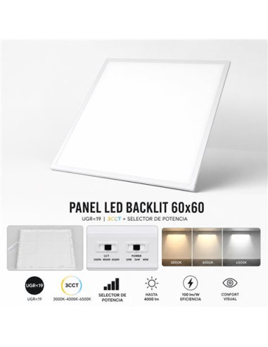 PANEL LED 60X60 BLACKLIT UGR 19 3CCT + SELECTOR DE POTENCIA ELBAT