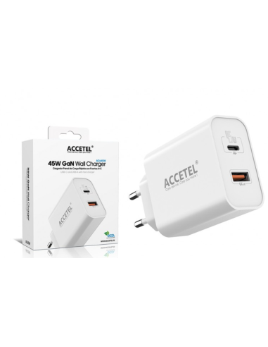 Cargador de Pared GaN 45W de Carga Rápida con Puertos USB-C y USB-A