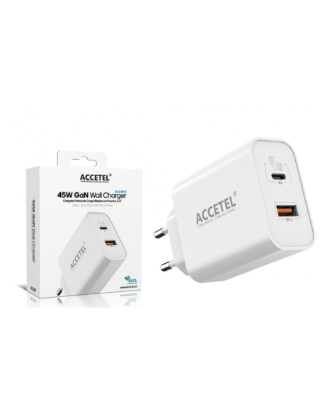 Cargador de Pared GaN 45W de Carga Rápida con Puertos USB-C y USB-A