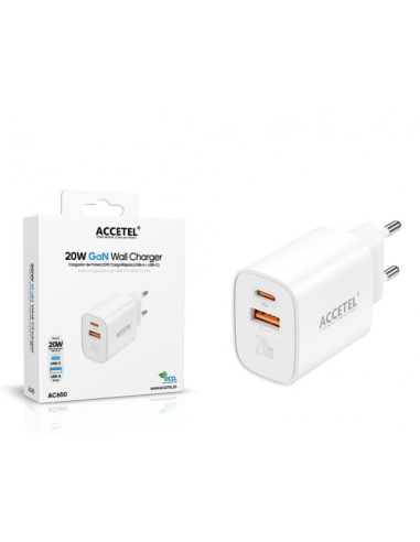 Cargador de Pared GaN 20W USB-C PD + USB-A QC