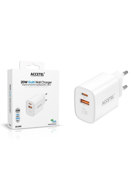Cargador de Pared GaN 20W USB-C PD + USB-A QC