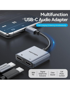 CABLE CONVERSOR VENTION USB-C/M - 2X USB-C/H AUDIO/CARGA GREY 2