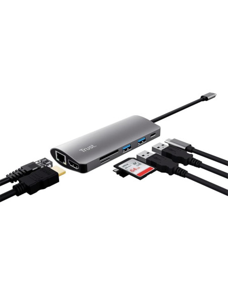 HUB TRUST DALYX USB-C 7 EN 1 HDMI USB-C USB MICRO SD RJ45 SILVER