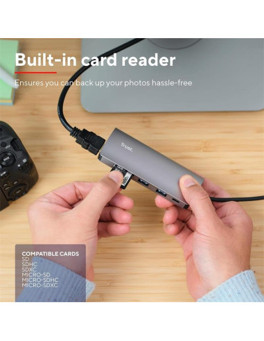 HUB TRUST DALYX USB-C 7 EN 1 HDMI USB-C USB MICRO SD RJ45 SILVER