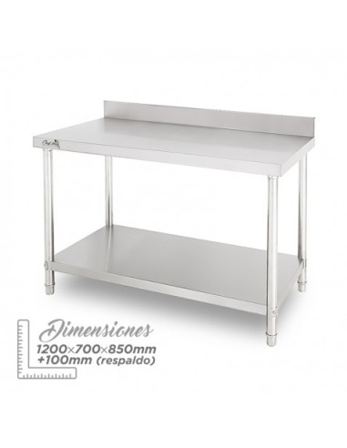 MESA DE TRABAJO ACERO INOXIDABLE 120X70X85CM CON RESPALDO CHEF PRO