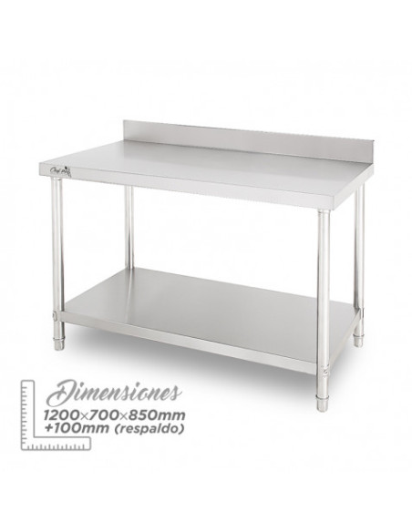 MESA DE TRABAJO ACERO INOXIDABLE 120X70X85CM CON RESPALDO CHEF PRO