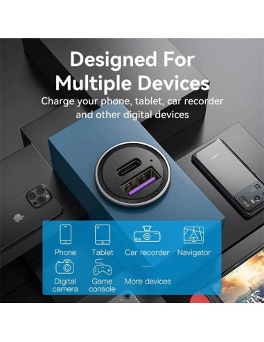 CARGADOR COCHE SMARTPHONE VENTION 30W USB-A USB-C SILVER
