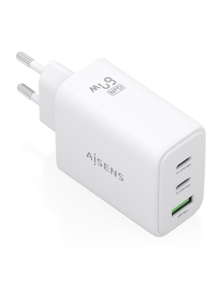 AISENS Cargador GaN 67W, 2xUSB-C PD3.0 QC4.0, 1xUSB-A QC3.0, blanco