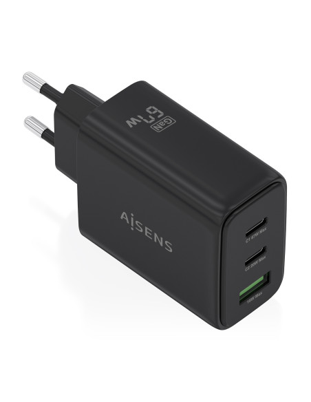 AISENS Cargador GaN 67W, 2xUSB-C PD3.0 QC4.0, 1xUSB-A QC3.0, negro