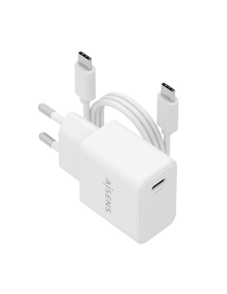 AISENS Cargador GaN USB-C PD3.0 1xUSB-C 20W con cable USB-C 1m, blanco