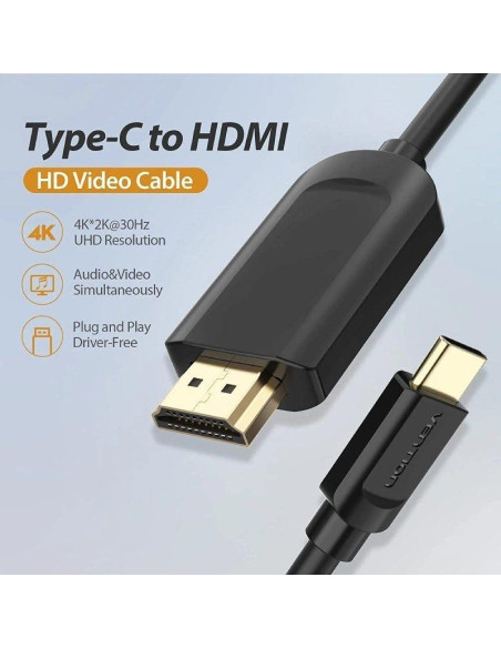 CABLE CONVERSOR HDMI 1.4 4K VENTION USB-C/M - HDMI/M 2M BLACK