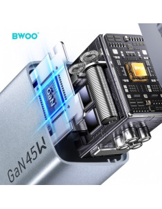 CARGADOR CORRIENTE TIPO C 45W + USB-A 18W GRIS BO-CDA240 BWOO 2