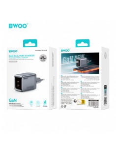 CARGADOR CORRIENTE 2X TIPO C 45W GRIS BO-CDA239 BWOO 2