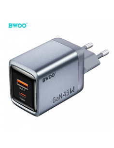 CARGADOR CORRIENTE TIPO C 45W + USB-A 18W GRIS BO-CDA240 BWOO