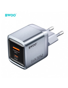 CARGADOR CORRIENTE TIPO C 30W + USB-A 18W GRIS BO-CDA237 BWOO