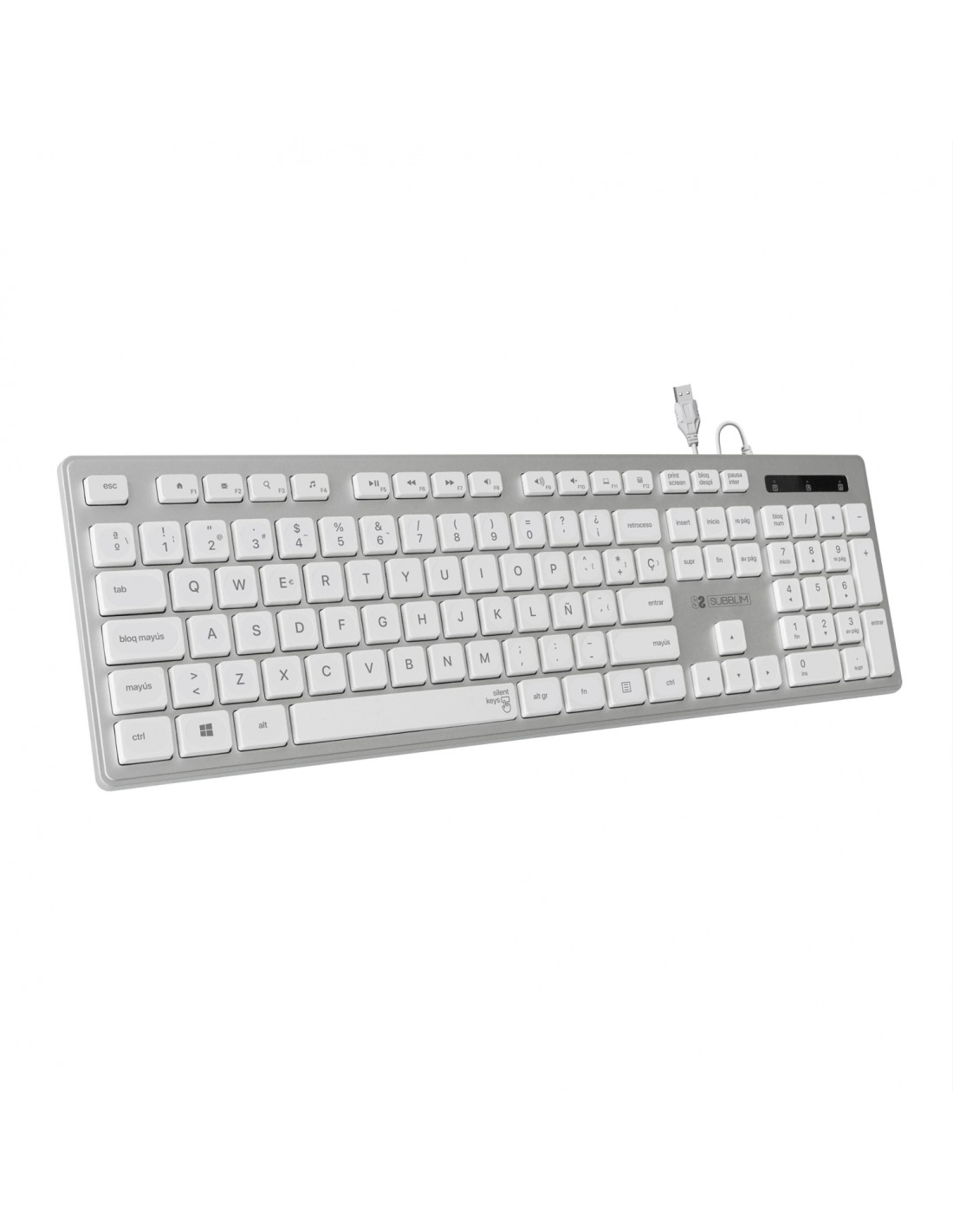 SUBBLIM Teclado Ergonómico con cable USB Plano Silencioso Plateado/Blanco Ergo