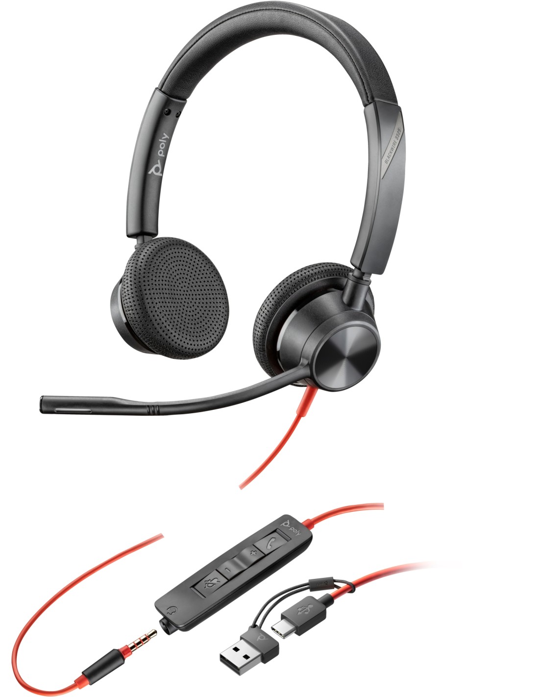 POLY Auriculares estéreo Blackwire 3325 USB-C + Conector de 3,5 mm + Adaptador USB-C/A