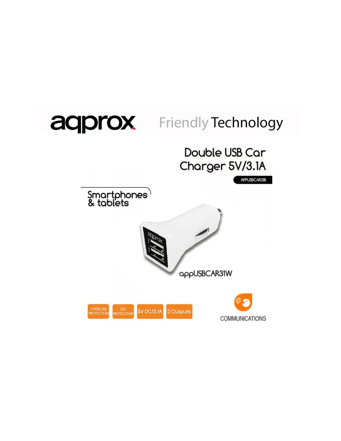 CARGADOR APPROX COCHE 2 PUERTOS USB BLANCO APPUSBCAR31W