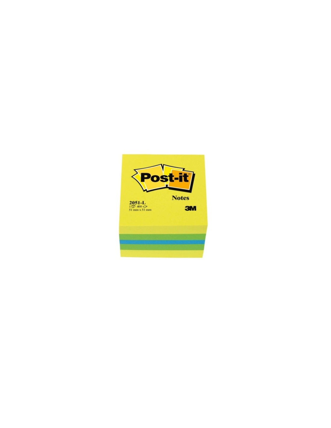 NOTAS ADHESIVAS POST-IT MINI CUBO 51 X 51 MM AMARILLO LIMON COMPUESTO POR LOS COLORES AMARILLO, VERDE Y AZUL. 400 HOJAS/ CUBO FT