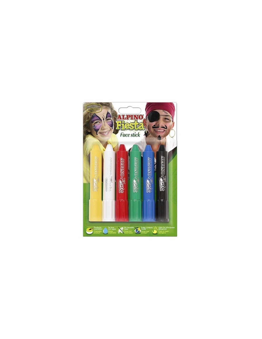 SET DE 6 UNIDADES DE MAQUILLAJE ALPINO FIESTA FACE STICK 5GRS - ROJO, AMARILLO, BLANCO, VERDE, AZUL Y NEGRO DL000014
