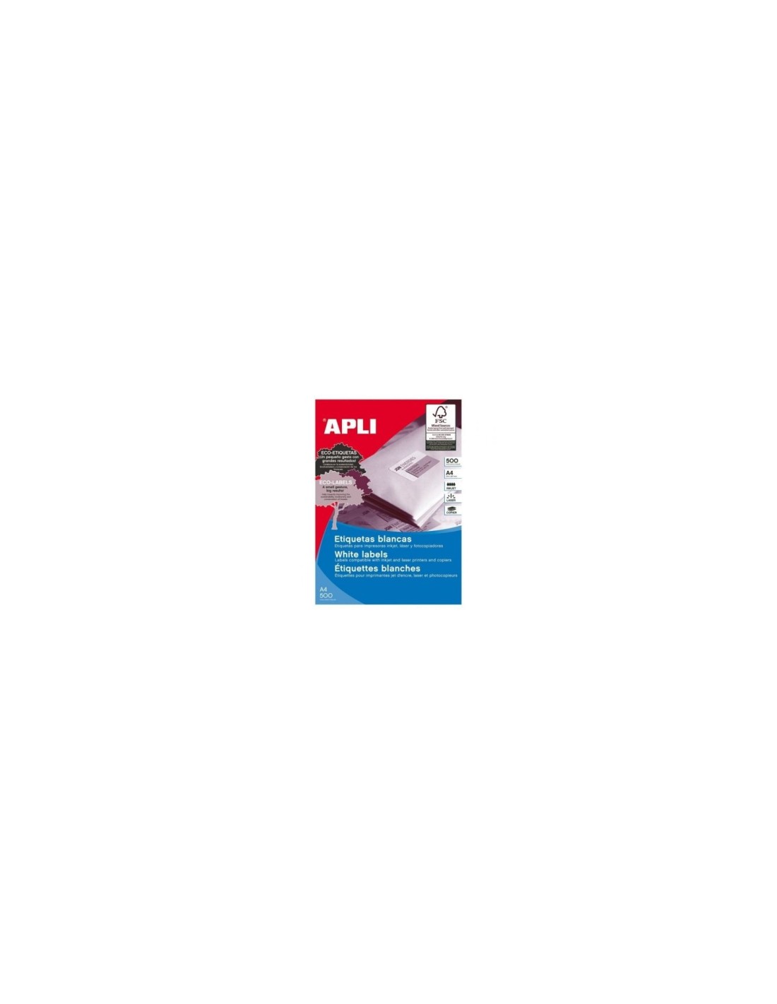 ETIQUETAS AUTOADHESIVAS APLI 500 HOJAS A4 1 ETIQUETA POR HOJA CANTOS RECTOS BLANCO 01788