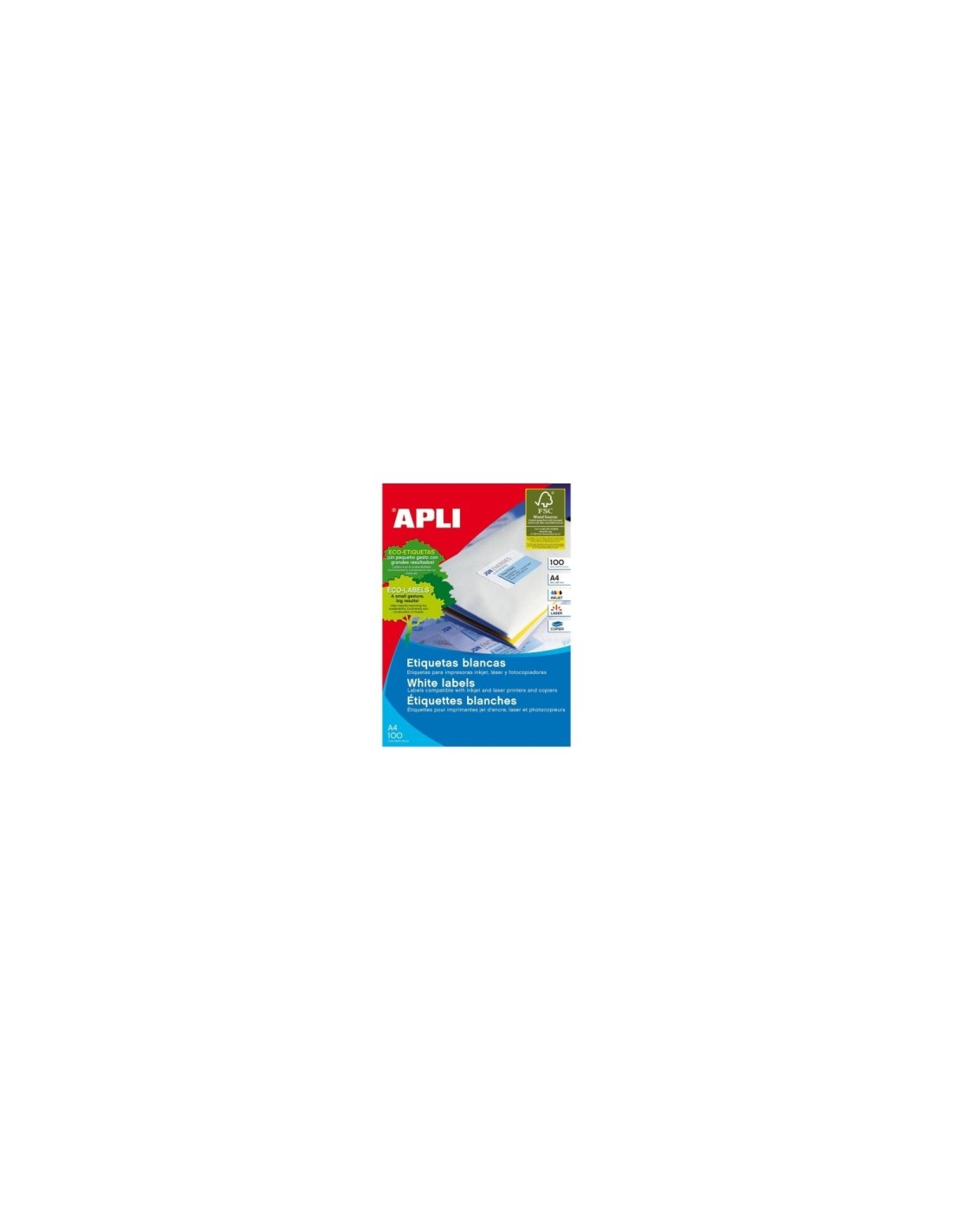 CAJA DE ETIQUETAS ADHESIVAS APLI A4 64.6 X 33.8 MM CIEN HOJAS 01263