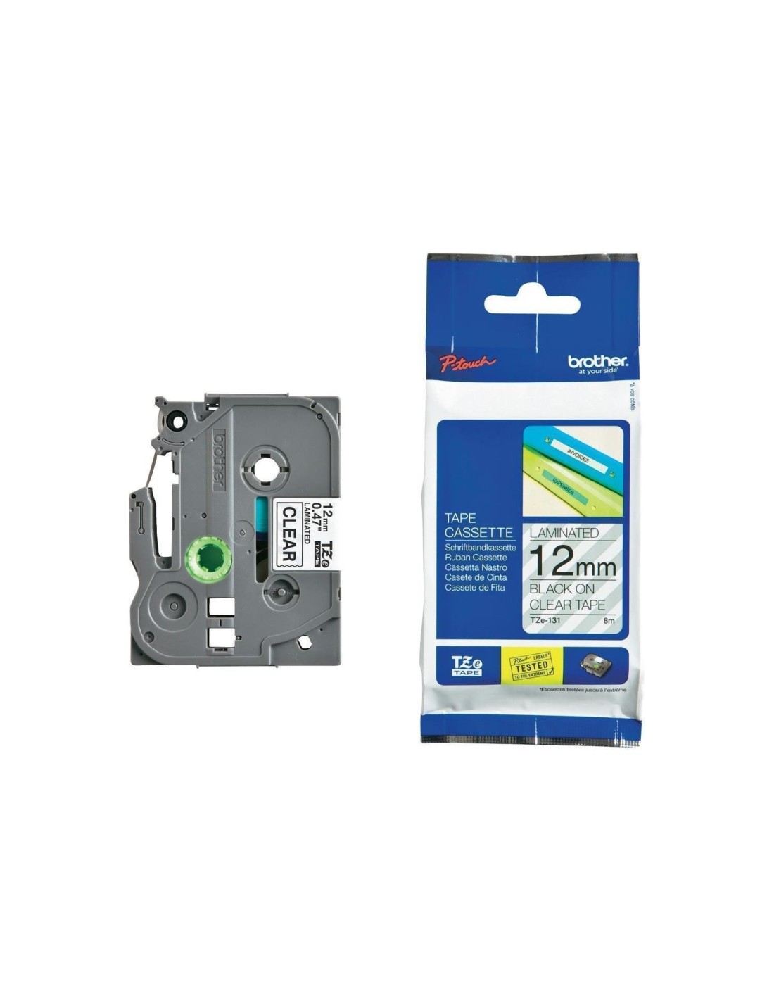 CINTA LAMINADA BROTHER TEXTO NEGRO SOBRE FONDO TRANSPARENTE ANCHO 12MM LONGITUD 8M GRIS TZE131