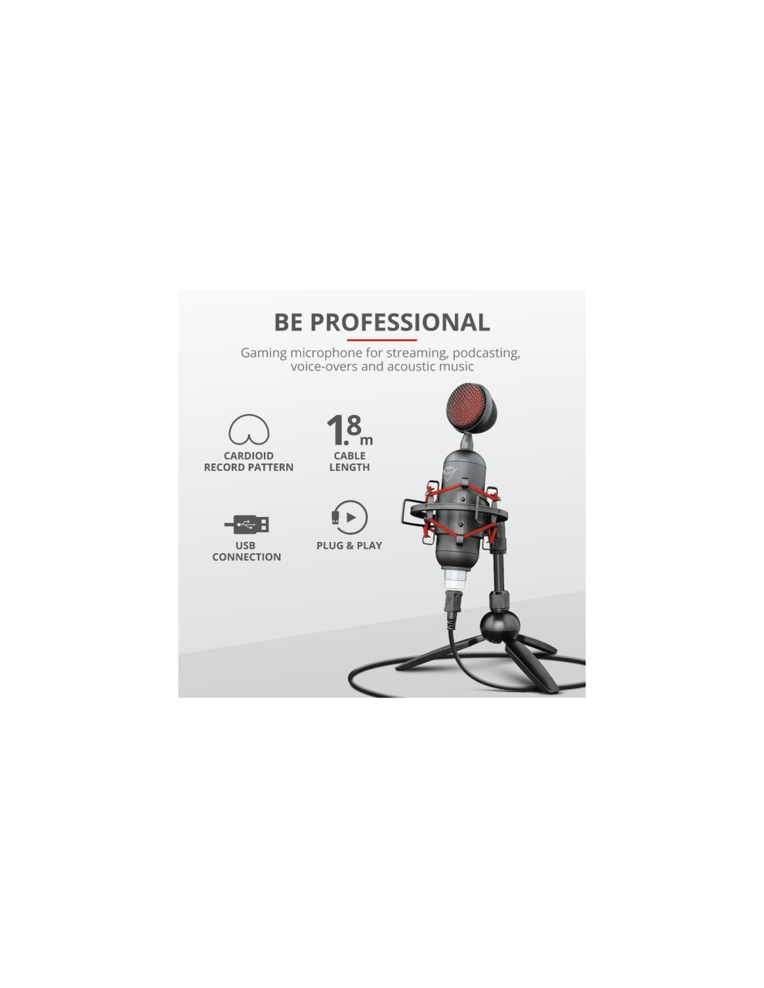 TRUST GAMING GXT 244 BUZZ MICROFONO USB STREAMING GRABACION CARDIOIDE ALTA PRECISION SOPORTE AMORTIGUADOR TRIPODE NEGRO ROJO 234