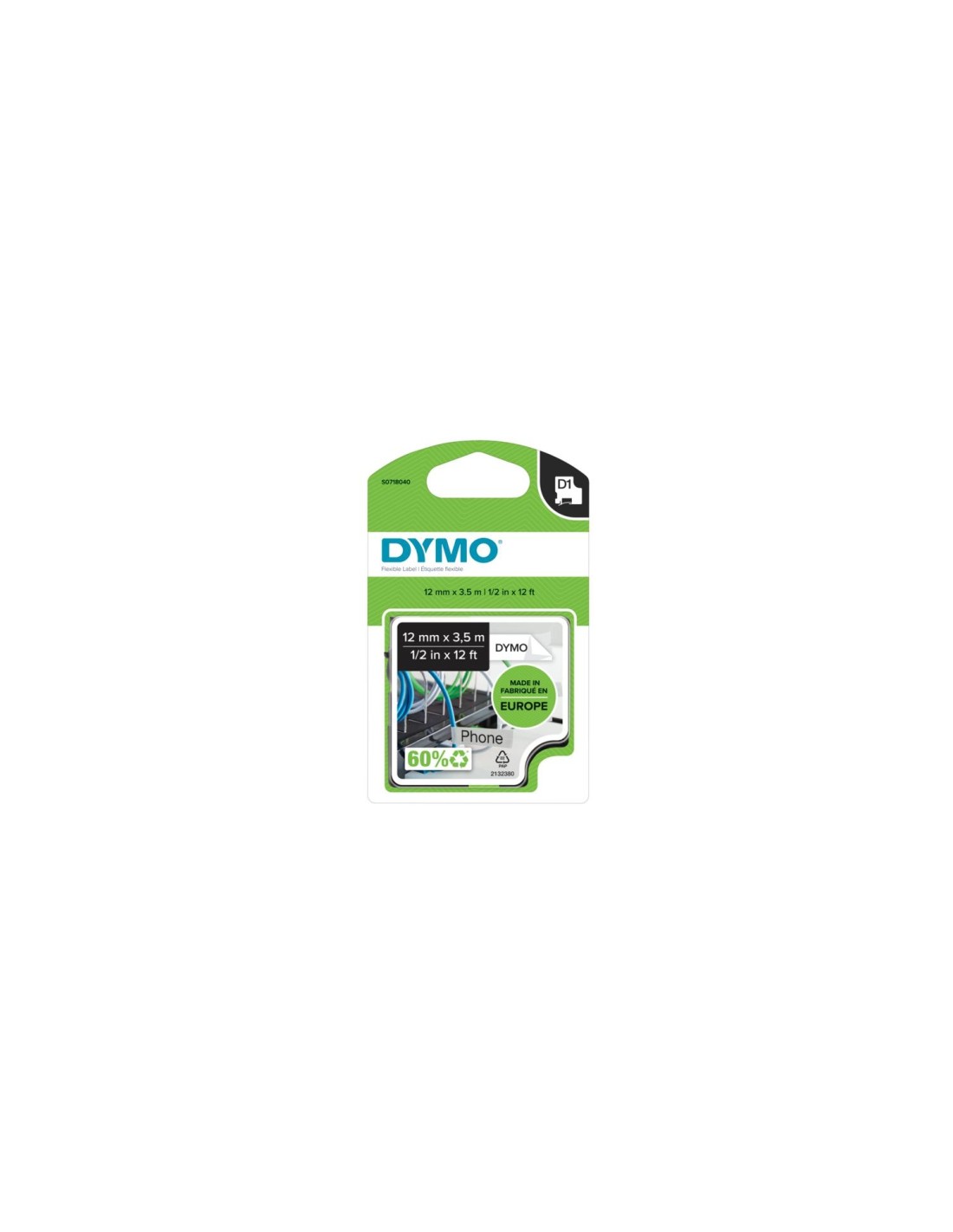 Dymo D1 Cinta para rotuladora negro sobre blanco 12mm x 5.5m etiquetas durables