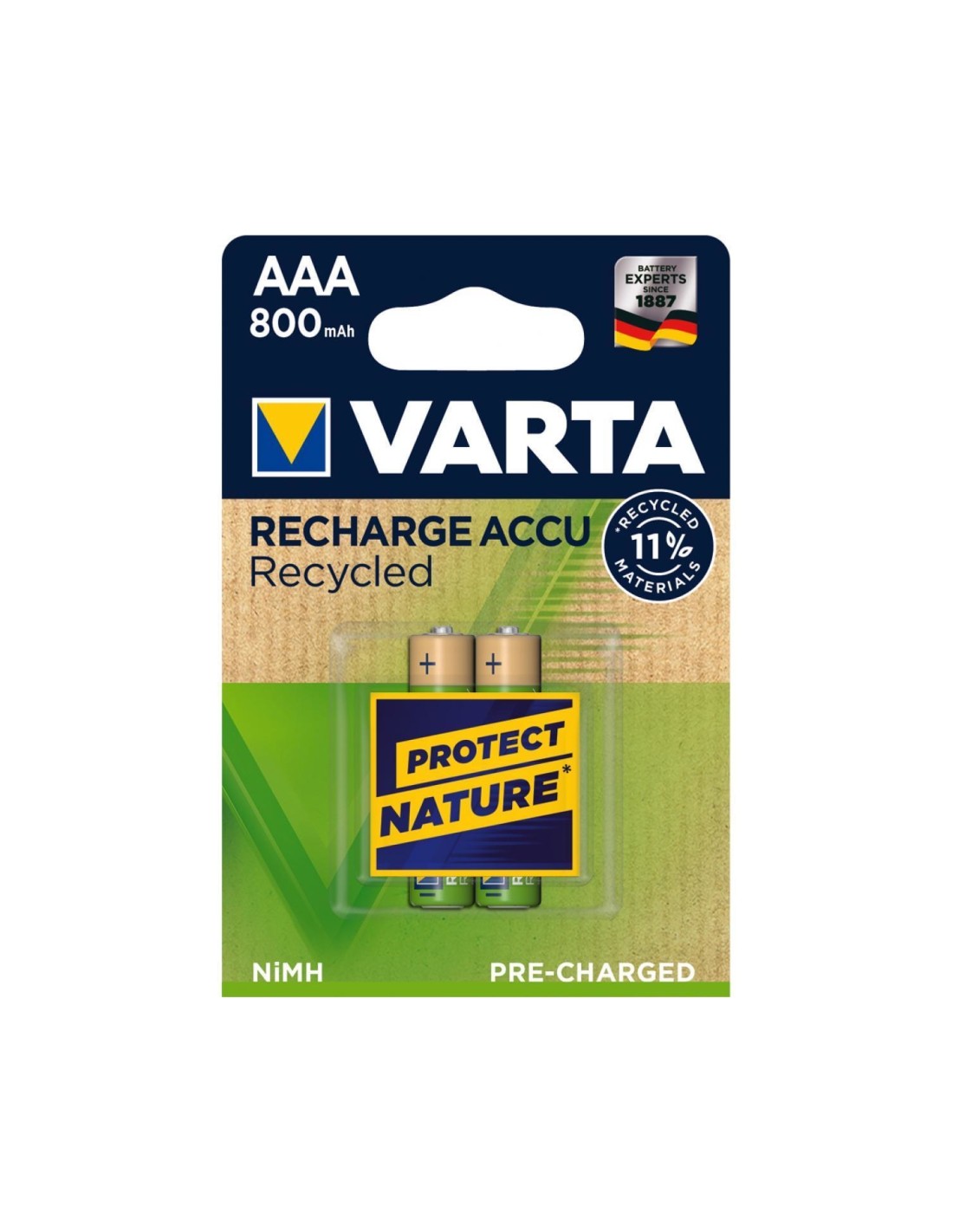 Varta blister de 2 pilas recargables AAA recycled 800mah oro verde