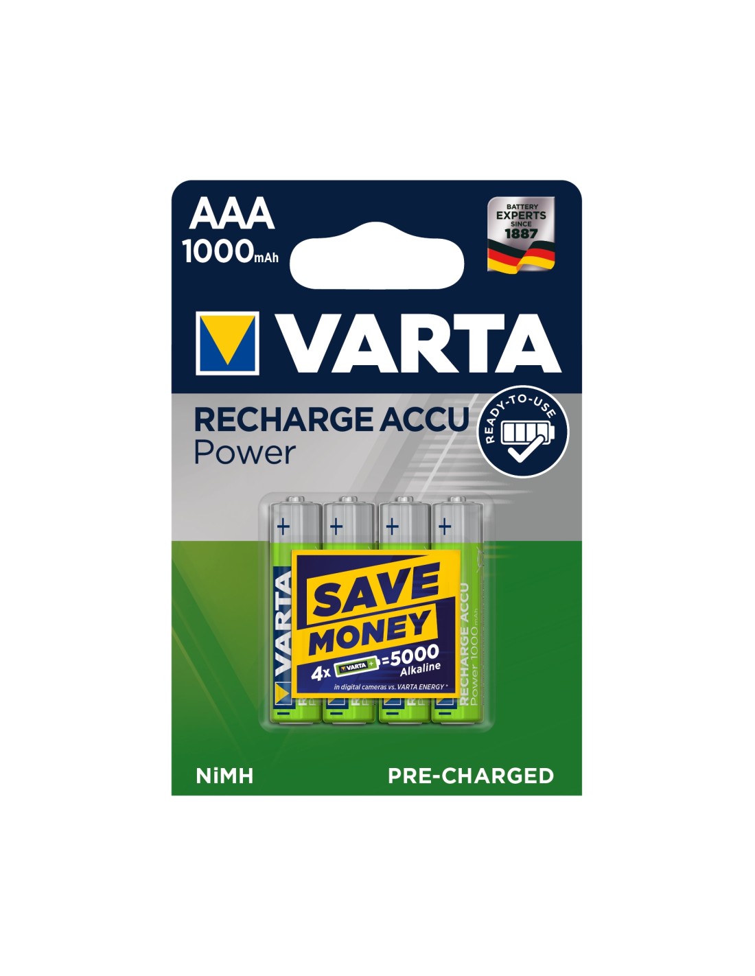 Varta blister 4 pilas recargables AAA 1000mah verde plata